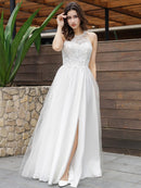 A-Line/Princess Tulle Lace Scoop Sleeveless Floor-Length Wedding Dresses