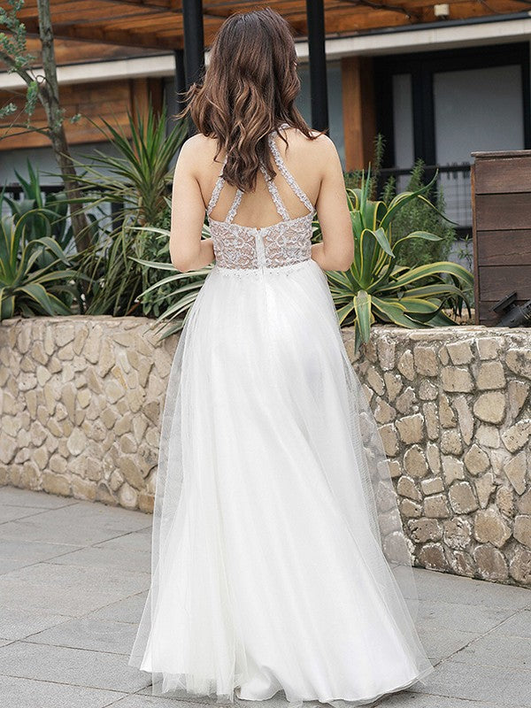 A-Line/Princess Tulle Lace Scoop Sleeveless Floor-Length Wedding Dresses