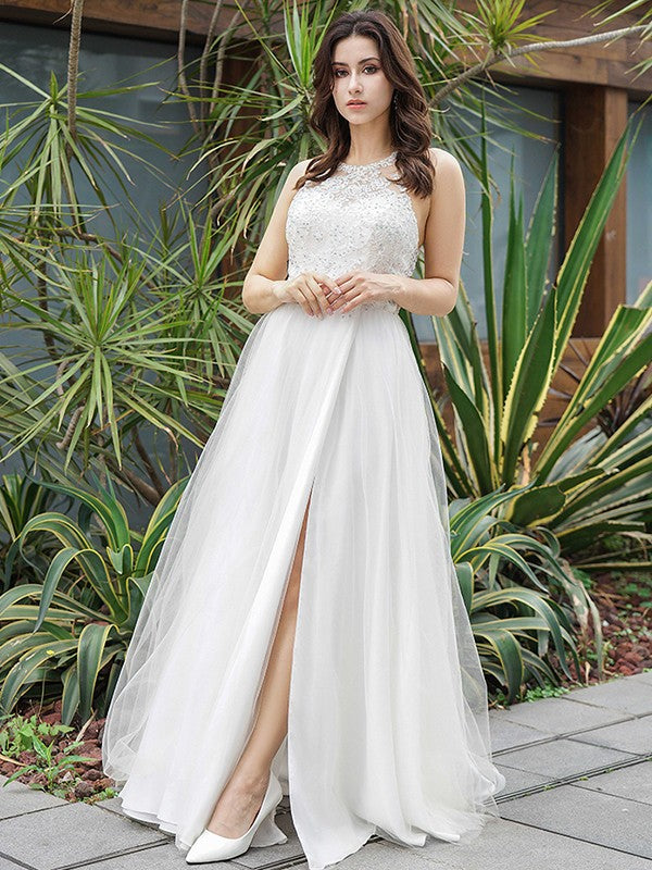 A-Line/Princess Tulle Lace Scoop Sleeveless Floor-Length Wedding Dresses