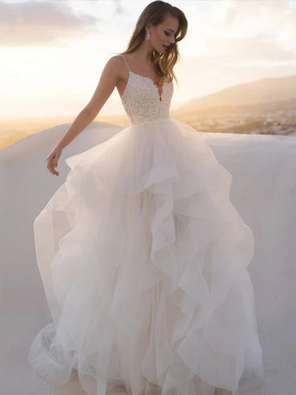 A-Line/Princess Tulle Lace V-neck Sleeveless Sweep/Brush Train Wedding Dresses