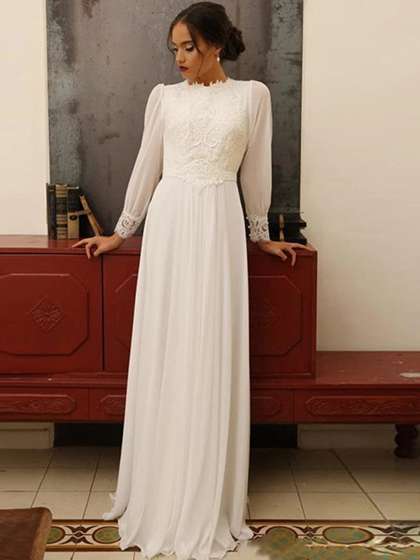 A-Line/Princess Chiffon Lace Jewel Long Sleeves Floor-Length Wedding Dresses