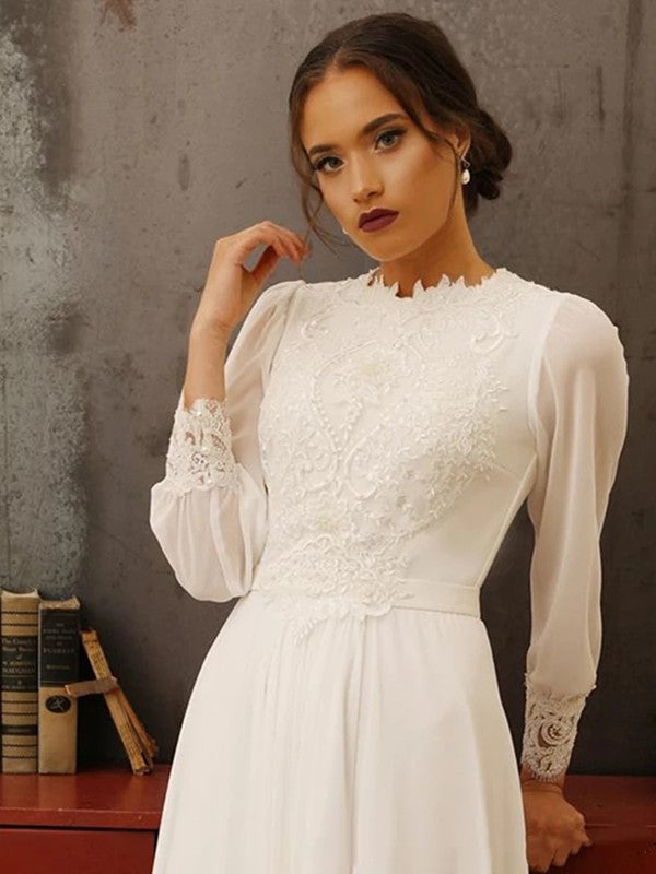 A-Line/Princess Chiffon Lace Jewel Long Sleeves Floor-Length Wedding Dresses