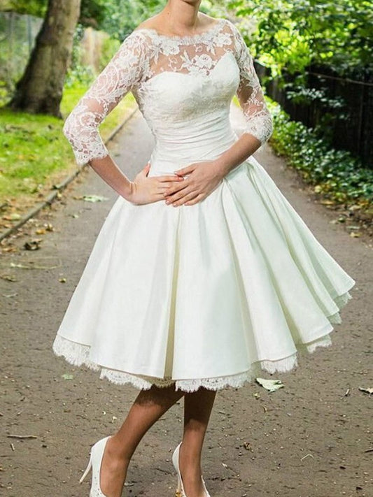 A-Line/Princess Stretch Crepe Lace Scoop 3/4 Sleeves Knee-Length Wedding Dresses