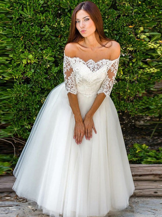 A-Line/Princess Tulle Lace Off-the-Shoulder 1/2 Sleeves Ankle-Length Wedding Dresses