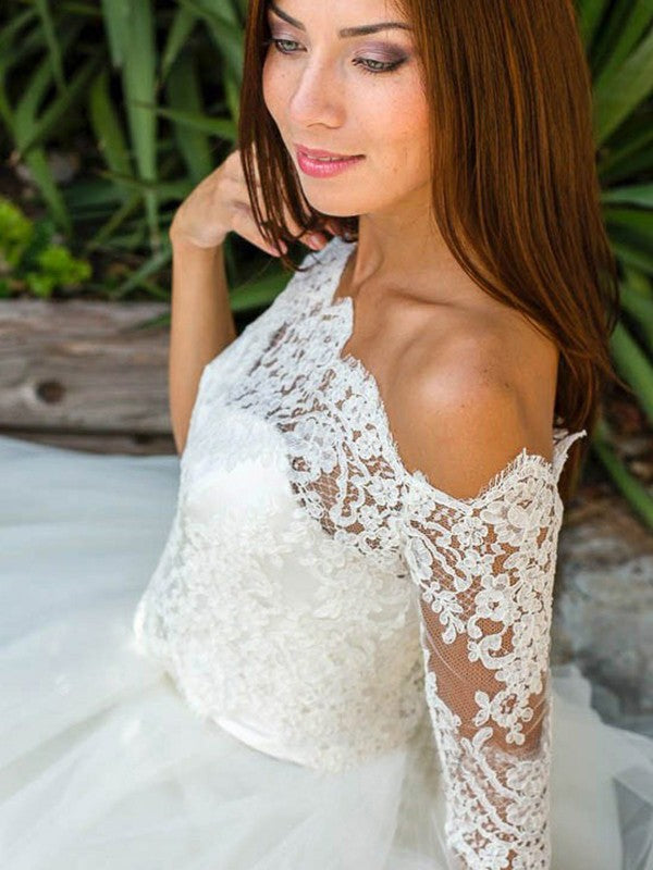 A-Line/Princess Tulle Lace Off-the-Shoulder 1/2 Sleeves Ankle-Length Wedding Dresses