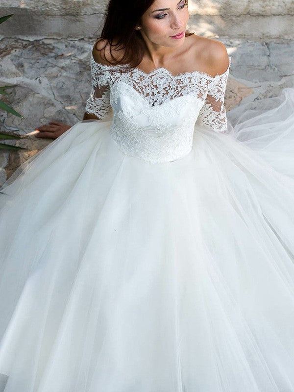 A-Line/Princess Tulle Lace Off-the-Shoulder 1/2 Sleeves Ankle-Length Wedding Dresses