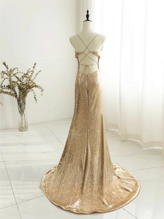 Fashion Temperament Champagne Backless Sequin Long Prom Dress Elegant Atmosphere Party dress