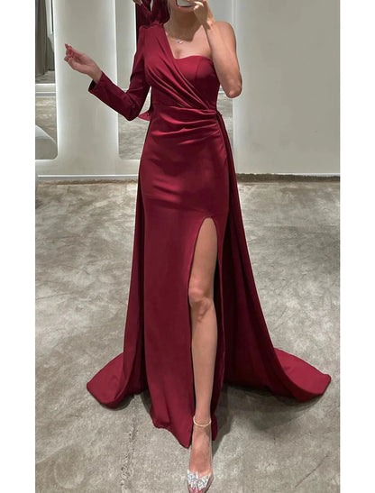 Mermaid / Trumpet Evening Gown Elegant Dress Formal Christmas Floor Length Long Sleeve One Shoulder Fall Wedding Guest Stretch Fabric with Ruched Slit