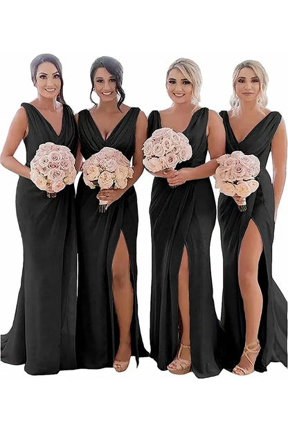 Bridesmaid Dress Sheath Chiffon Ruched Long with Slit