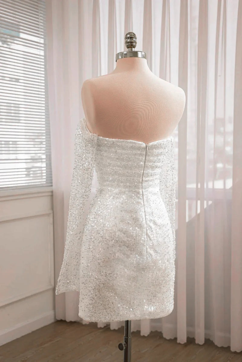 Wedding Dress Chic Short Sequined Backless With Long Detachable Sleeves