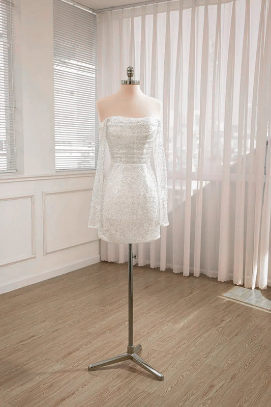 Wedding Dress Chic Short Sequined Backless With Long Detachable Sleeves