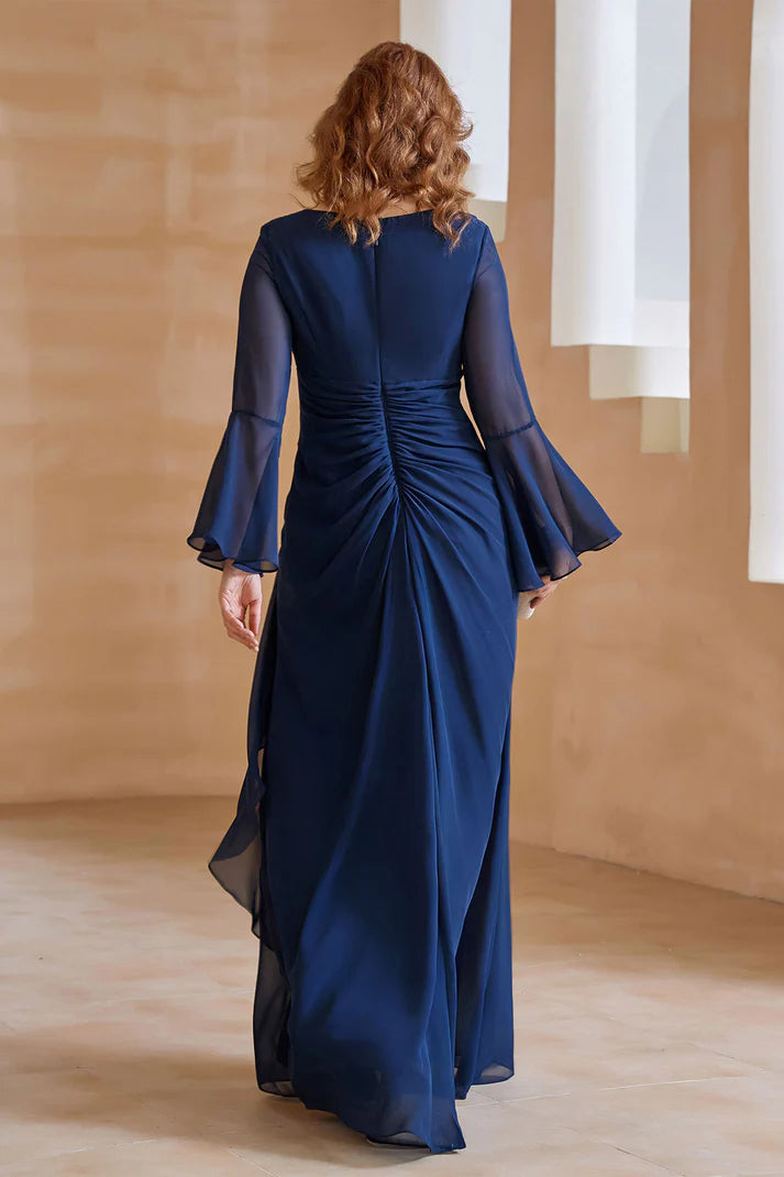 Wedding Guest Dresses V Neck Long Sleeves Chiffon Wrinkle Irregular Dress Mother of the Bride Dress