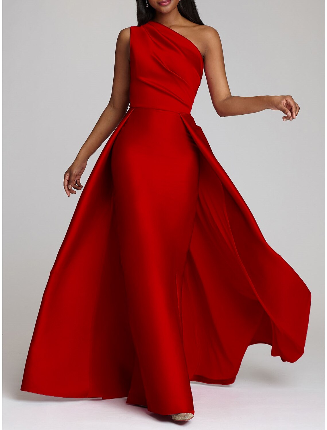 Sheath Christmas Red Green Dress Evening Gown Hot Pink Dress Wedding Guest Floor Length Sleeveless One Shoulder Satin with Overskirt Pure Color