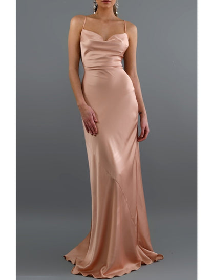 Sheath / Column Bridesmaid Dress V Neck / Spaghetti Strap Sleeveless Beautiful Back Sweep / Brush Train Charmeuse with Bandage