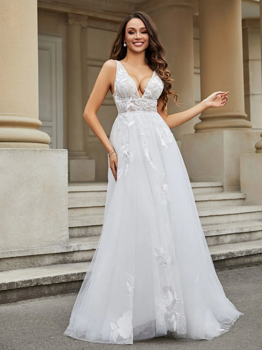 Wedding Dress Deep V Neck Sexy Personality Lace Appliqued Tulle Dress