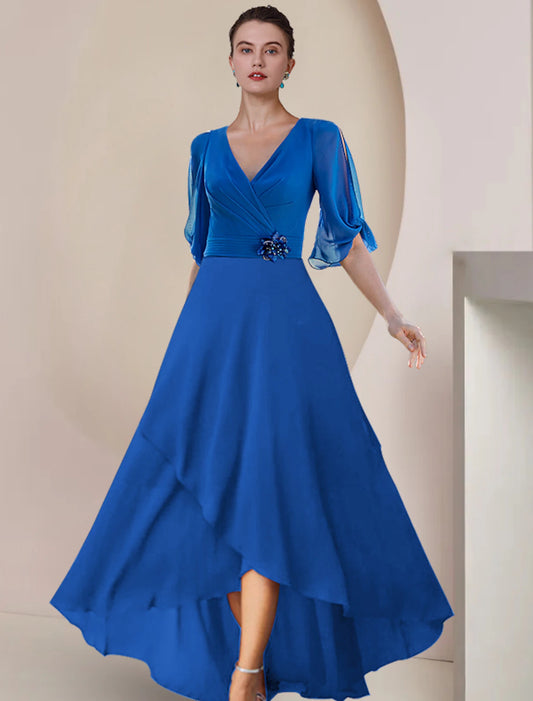 A-Line Mother of the Bride Dress Wedding Guest Party Elegant V Neck Asymmetrical Chiffon Half Sleeve with Crystal Brooch Ruching