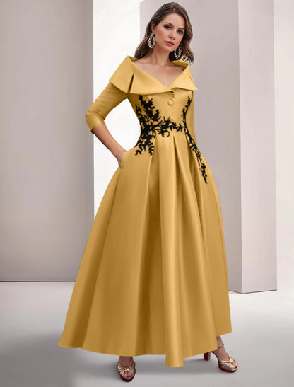 Evening Dress A-Line Gown Embroidered Vintage Christmas Dress Formal Floor Length 3/4 Length Sleeve Shirt Collar Satin Appliques Elegant Fall November December Wedding Guest Dress