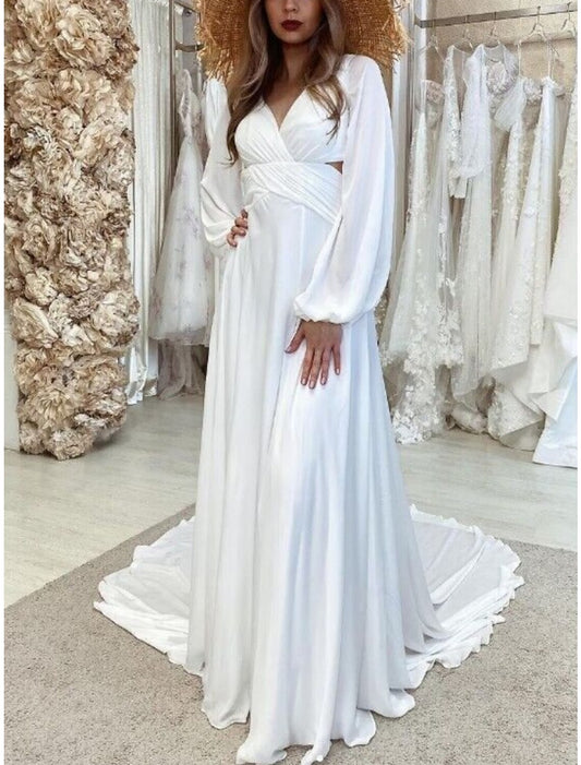 Formal Wedding Dresses Sheath / Column V Neck Long Sleeve Court Train Chiffon Bridal Gowns With Pleats Solid Color