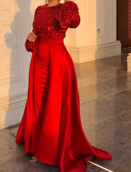 Mermaid / Trumpet Evening Gown Glittering Dress Formal Wedding Floor Length Long Sleeve Jewel Neck Fall Wedding Guest Satin with Overskirt