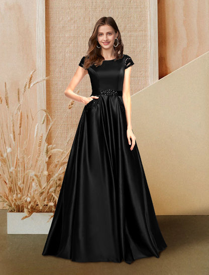 A-Line Evening Gown Luxurious Dress Wedding Guest Engagement Floor Length Short Sleeve Jewel Neck Pocket Satin with Beading Lace Insert Pocket