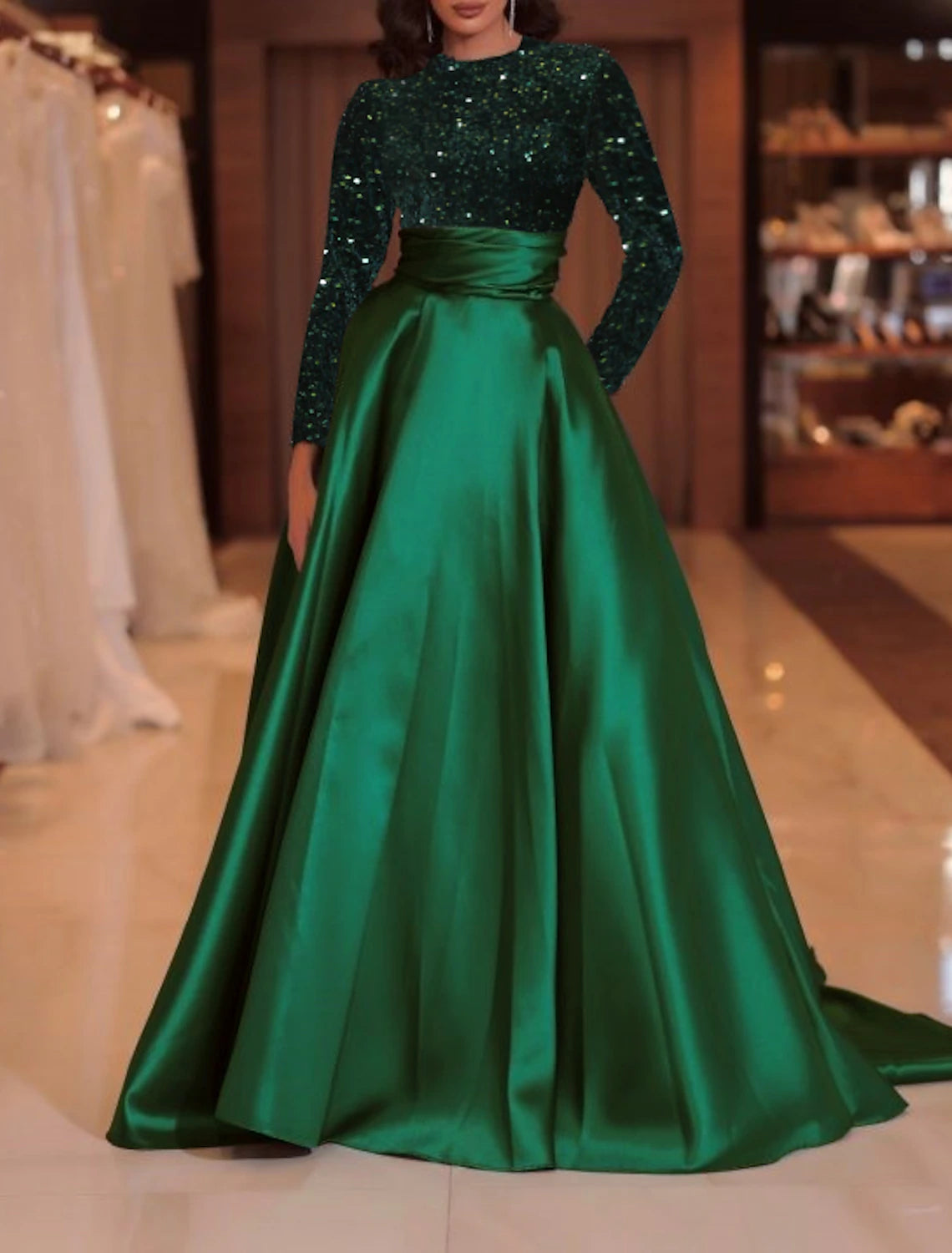 A-Line Evening Gown Sparkle Christmas Red Green Dress Formal Cocktail Party Court Train Long Sleeve High Neck Fall Wedding Guest Satin with Sequin