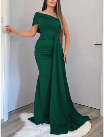 Mermaid / Trumpet Evening Gown Elegant Dress Formal Christmas Red Green Dress Sweep / Brush Train Short Sleeve One Shoulder Satin with Pleats Ruched