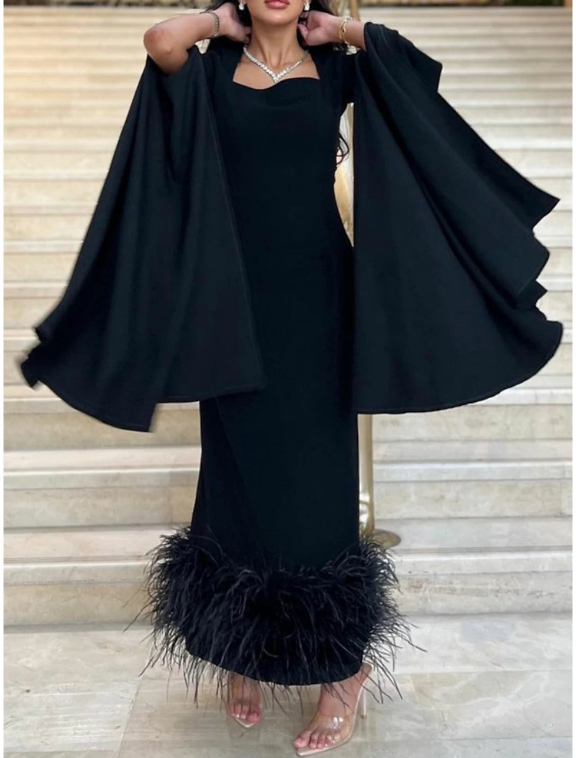 Sheath Black Dress Evening Gown Elegant Dress Formal Ankle Length Long Sleeve Square Neck Stretch Fabric with Feather