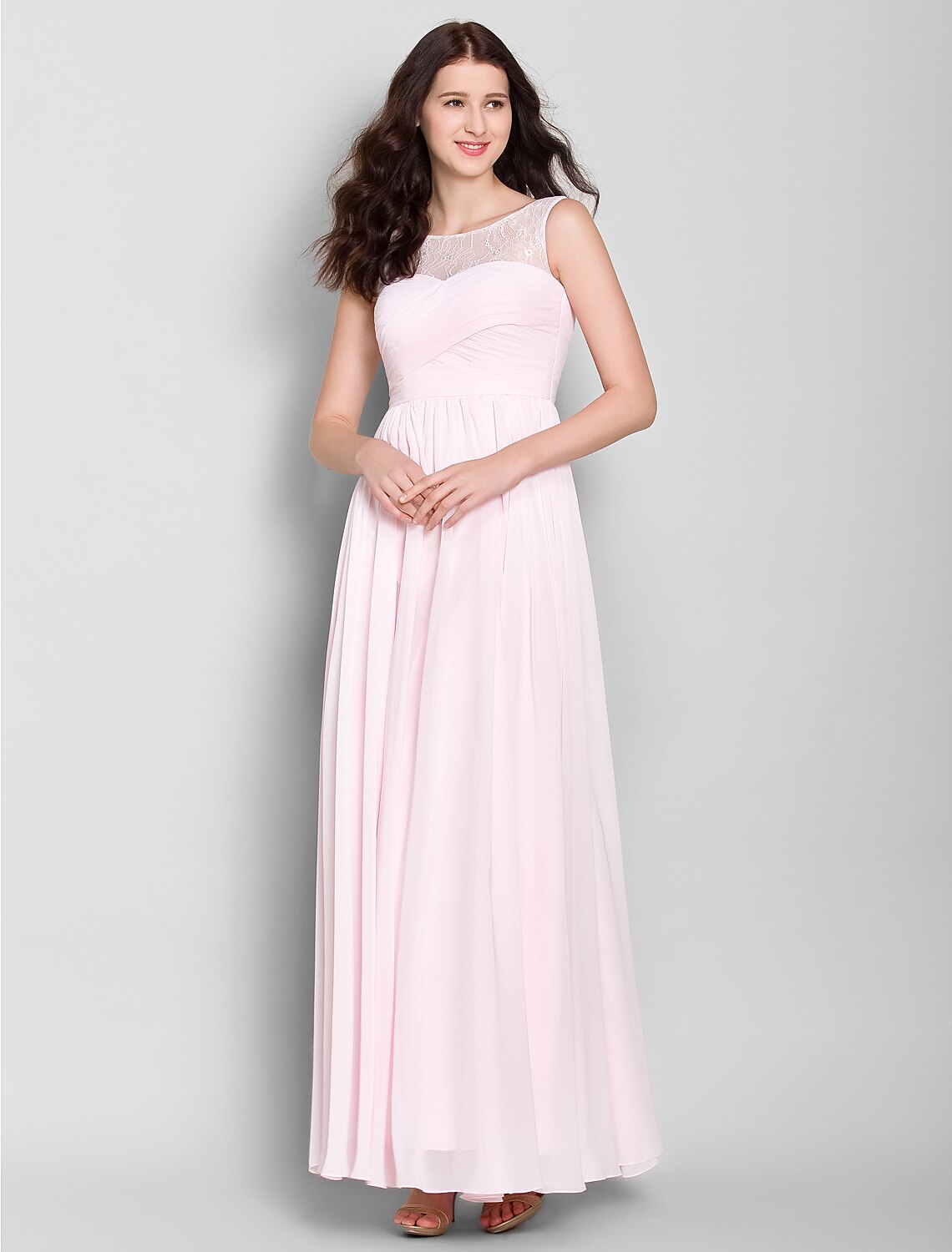 A-Line Scoop Neck Ankle Length Chiffon Bridesmaid Dress with Lace / Criss Cross