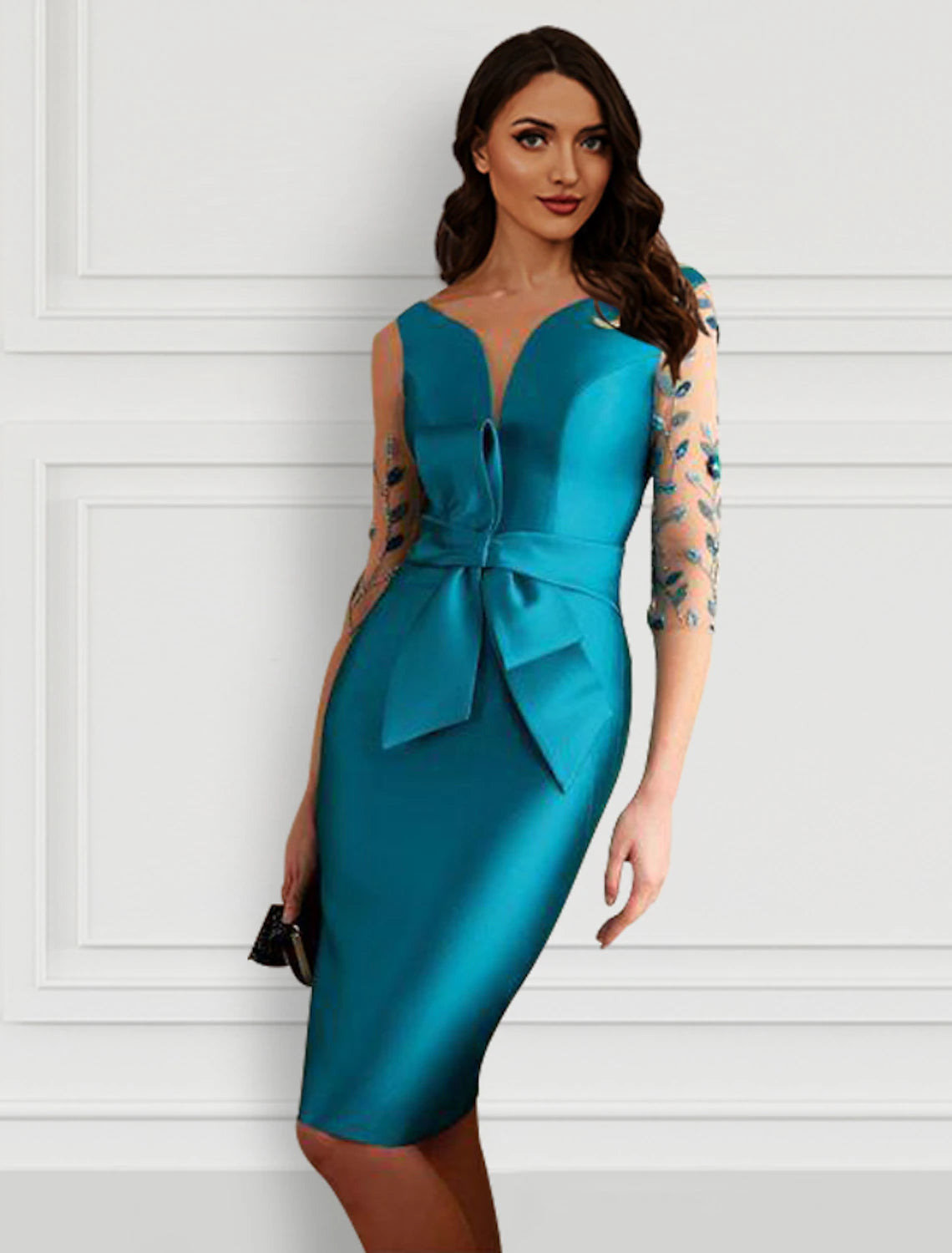 Sheath / Column Cocktail Dresses Open Back Dress Formal Knee Length Half Sleeve Jewel Neck Satin with Bow(s) Slit Appliques