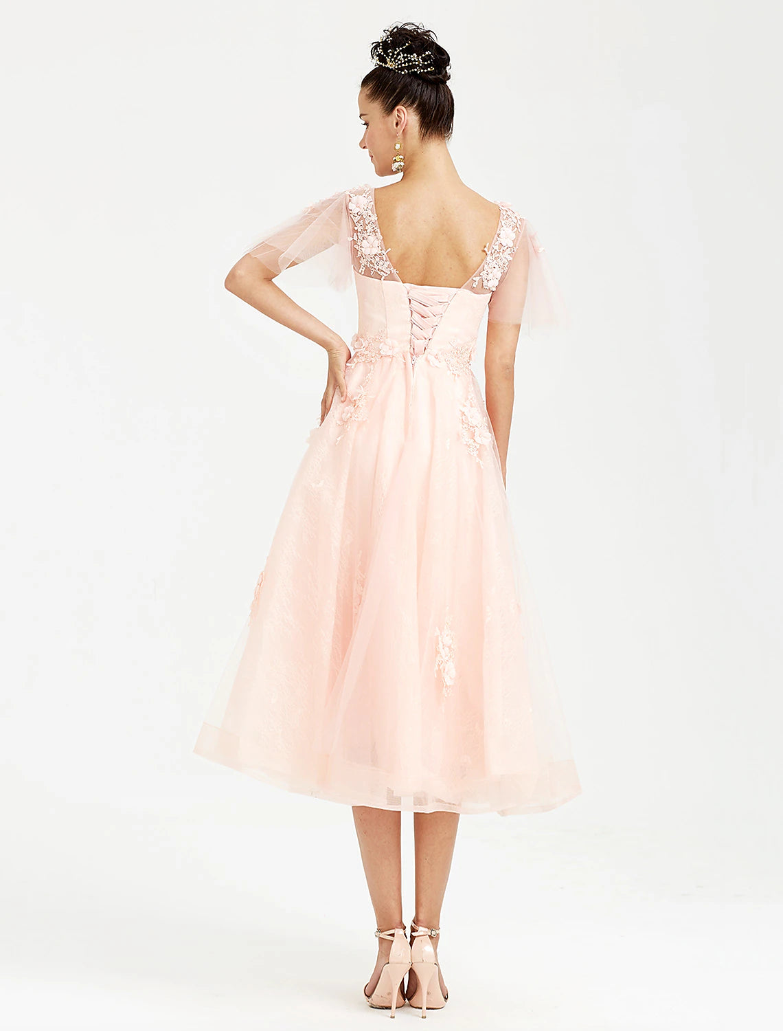 A-Line Prom Dresses Elegant Dress Wedding Guest Cocktail Party Tea Length Short Sleeve V Neck Tulle with Appliques