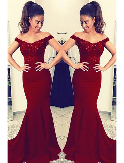 Mermaid / Trumpet Prom Dresses Sexy Dress Formal Prom Court Train Sleeveless Off Shoulder Stretch Fabric V Back with Beading Appliques