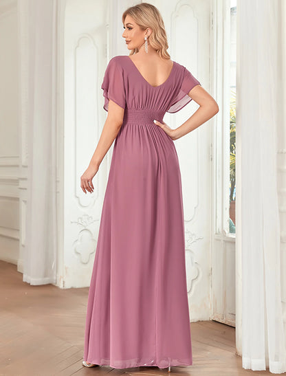 A-Line Elegant Formal Evening Dress V Neck Short Sleeve Floor Length Chiffon with Draping