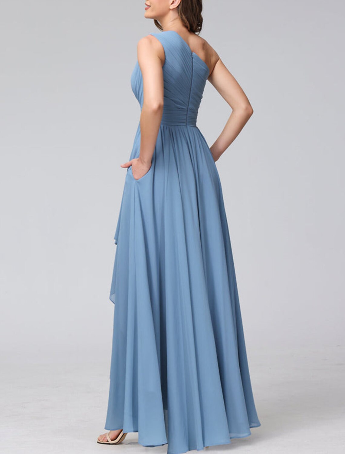 A-Line Bridesmaid Dress One Shoulder Sleeveless Blue Asymmetrical Chiffon with Solid Color