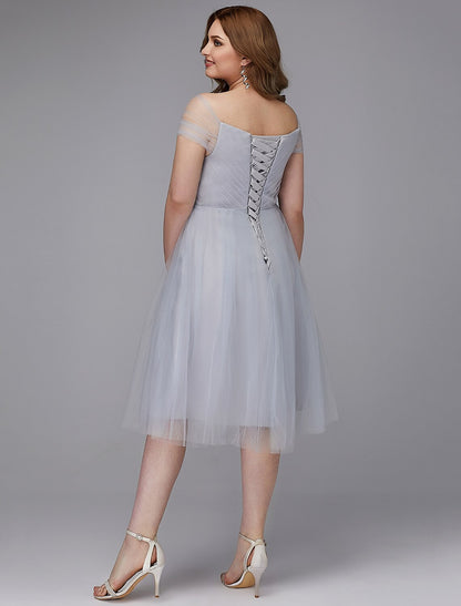 A-Line Elegant Dress Wedding Guest Cocktail Party Tea Length Short Sleeve Off Shoulder Tulle with Sash / Ribbon Criss Cross