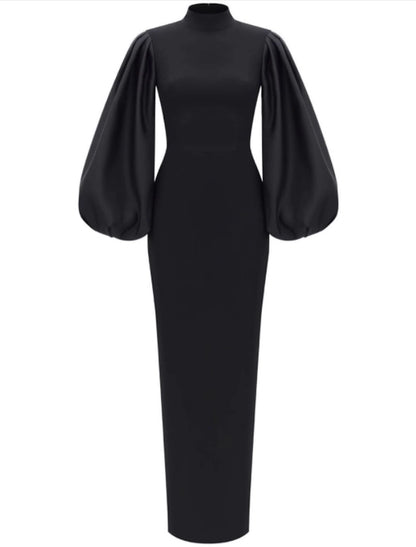 Sheath / Column Minimalist Elegant Wedding Guest Formal Evening Dress High Neck Long Sleeve Floor Length Spandex with Sleek