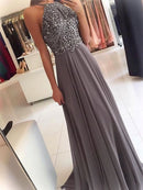 A-Line/Princess Halter Sleeveless Floor-Length Beading Chiffon Dresses