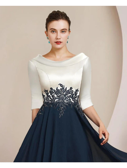 A-Line Mother of the Bride Dress Formal Wedding Guest Elegant Vintage Bateau Neck Tea Length Chiffon Lace 3/4 Length Sleeve with Pleats Appliques Color Block