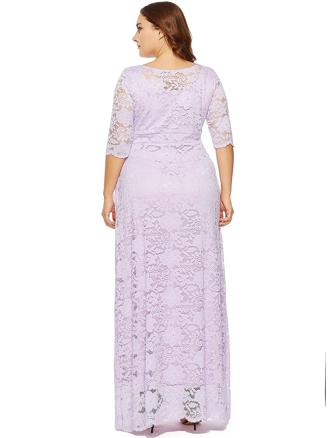 Sheath / Column Plus Size White Holiday Wedding Guest Dress Jewel Neck Half Sleeve Floor Length Lace with Lace Insert