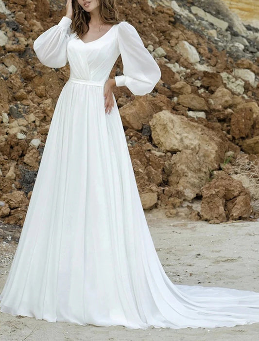 Beach Vintage 1940s / 1950s Wedding Dresses A-Line V Neck Long Sleeve Court Train Chiffon Bridal Gowns With Solid Color