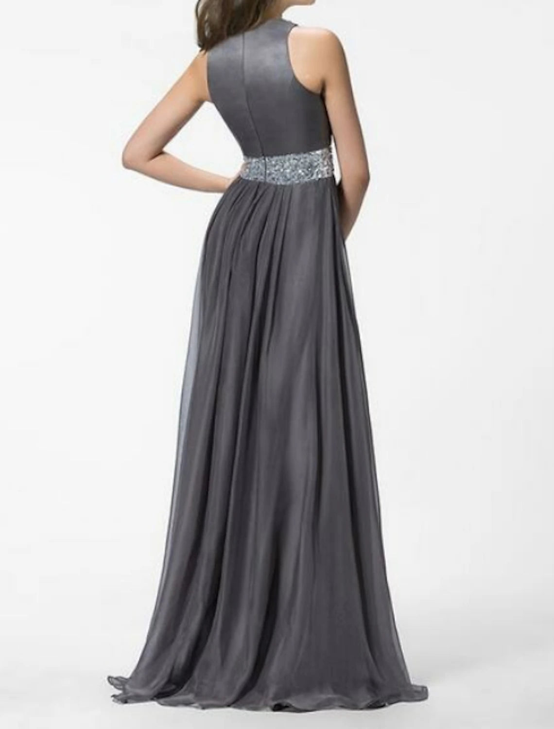 A-Line Empire Prom Formal Evening Dress Jewel Neck Sleeveless Sweep / Brush Train Chiffon with Crystals Split Front