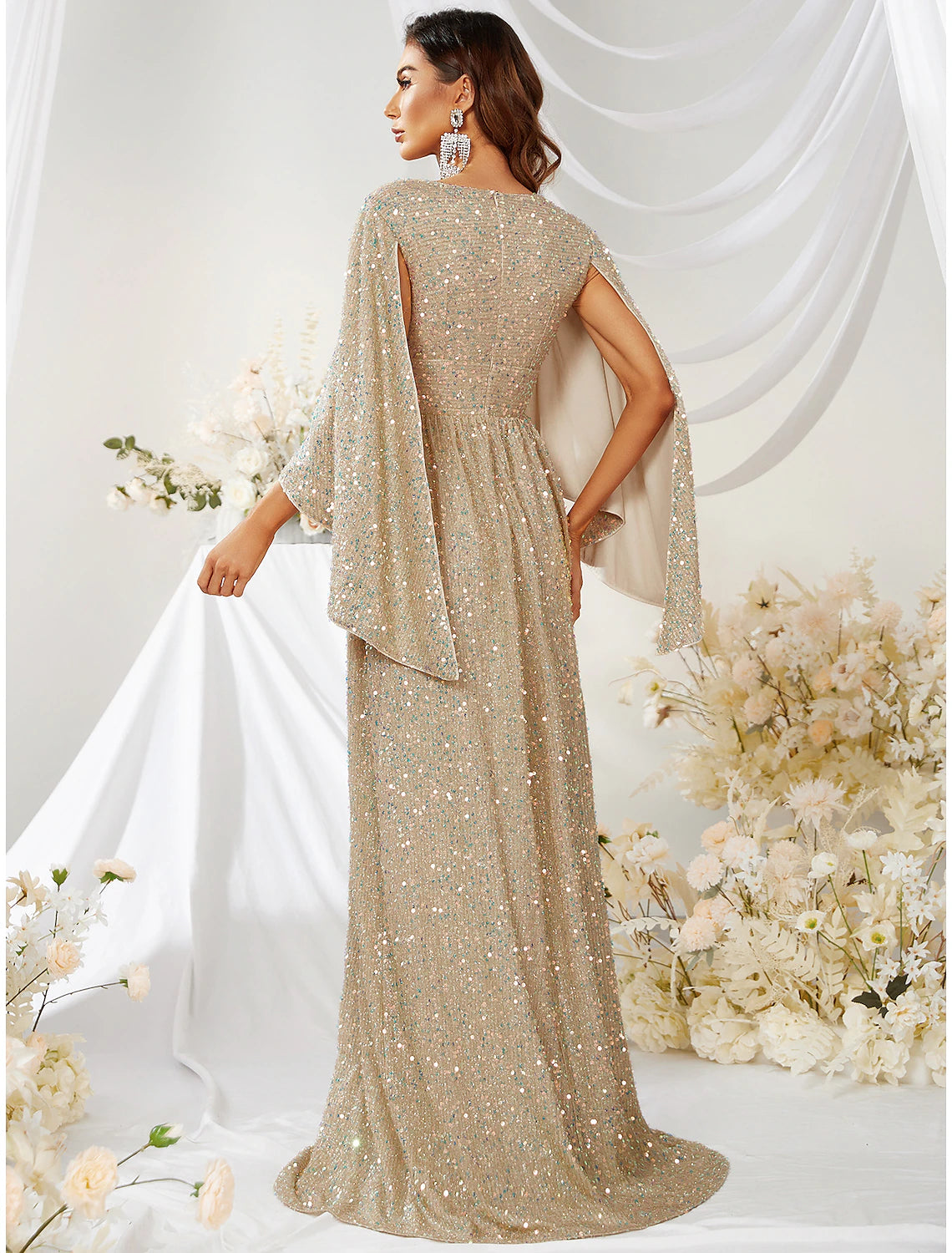 A-Line Evening Gown Sparkle & Shine Dress Formal Wedding Sweep / Brush Train Long Sleeve V Neck Capes Polyester with Sequin