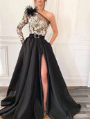 A-Line Evening Gown Black Dress Vintage Formal Wedding Guest Court Train Long Sleeve One Shoulder Satin with Feather Slit