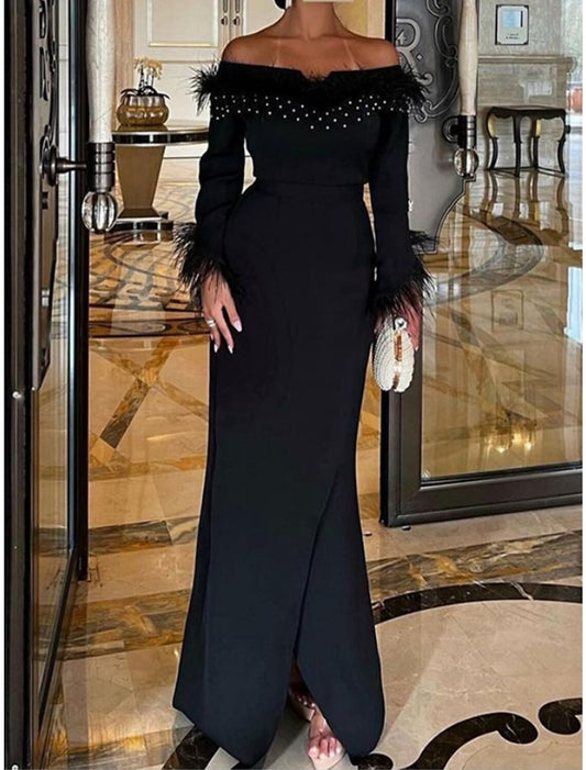 Mermaid / Trumpet Evening Gown Elegant Dress Formal Black Dress Floor Length Long Sleeve Off Shoulder Stretch Fabric with Feather Sequin Slit