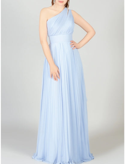 A-Line Bridesmaid Dress One Shoulder Sleeveless Blue Floor Length Chiffon with Ruching