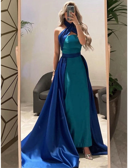 A-Line Evening Gown Elegant Dress Formal Court Train Sleeveless Halter Neck Satin with Pleats