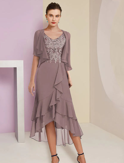 Two Piece A-Line Mother of the Bride Dress Formal Fall Wedding Guest Elegant High Low V Neck Asymmetrical Tea Length Chiffon Lace Short Sleeve 3/4 Length Sleeve Wrap Included with Appliques