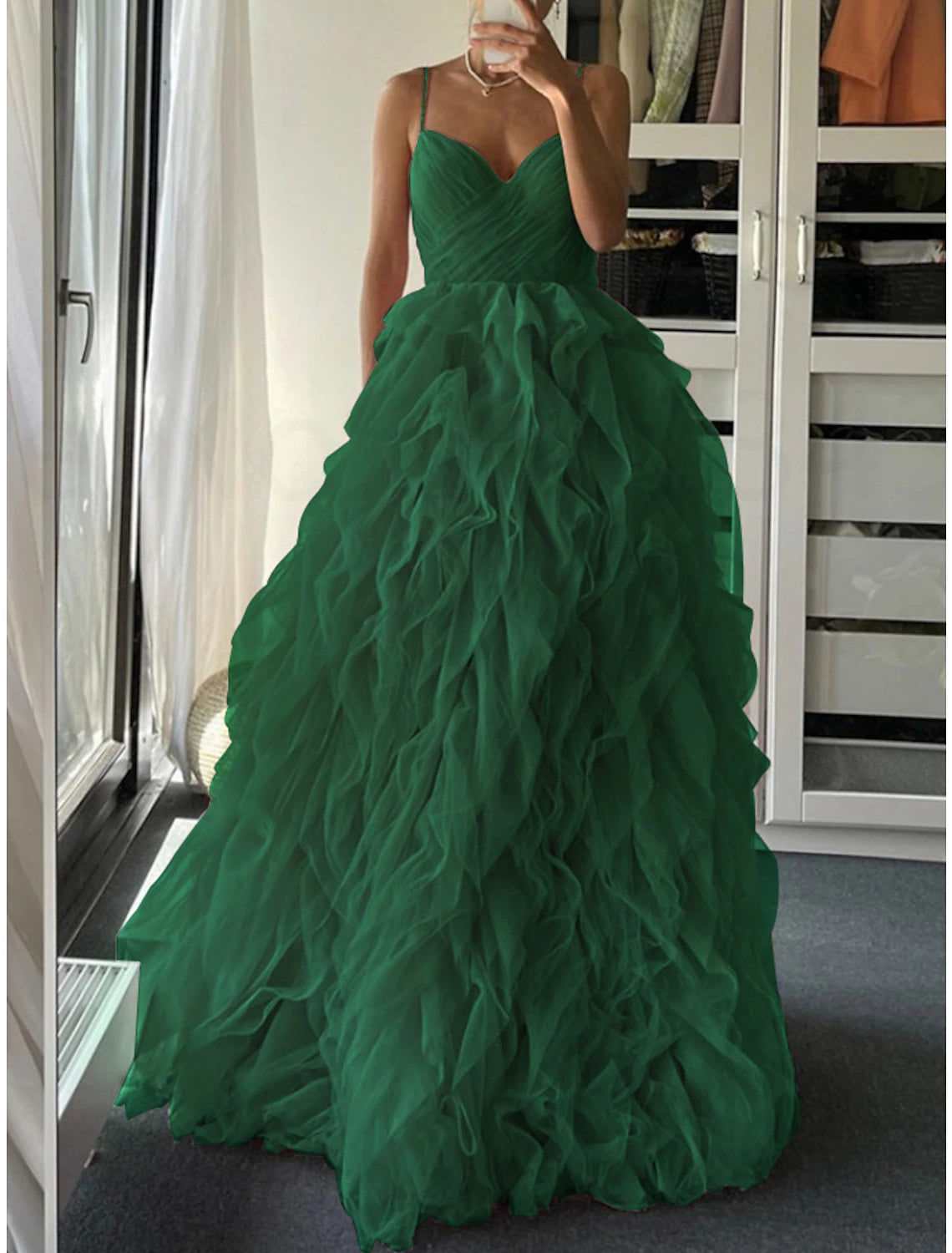 A-Line Prom Dresses Elegant Dress Formal Floor Length Sleeveless Spaghetti Strap Tulle with Pleats Ruffles