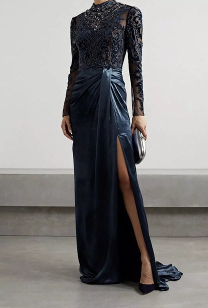 Autumn Winter Velvet Dress Formal Beaded Long sleeves Backless Long Length Split Fork Gorgeous Evening Dress