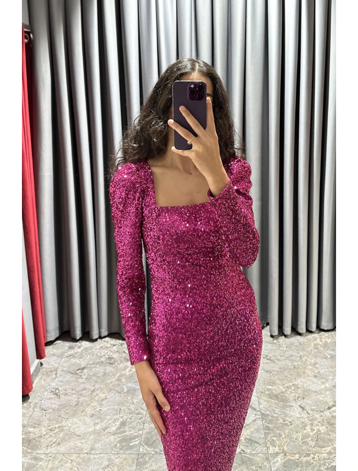 Sheath / Column Evening Gown Elegant Dress Formal Fall Tea Length Long Sleeve Square Neck Sequined with Glitter Slit