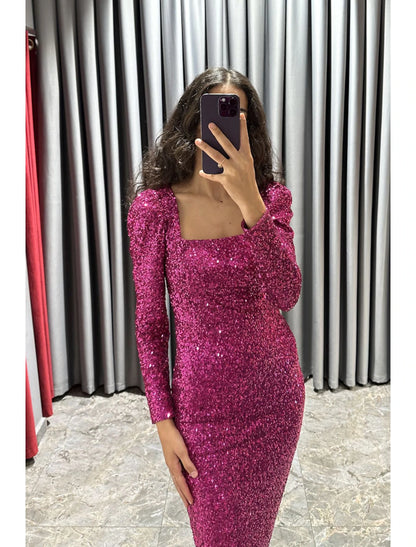 Sheath / Column Evening Gown Elegant Dress Formal Fall Tea Length Long Sleeve Square Neck Sequined with Glitter Slit